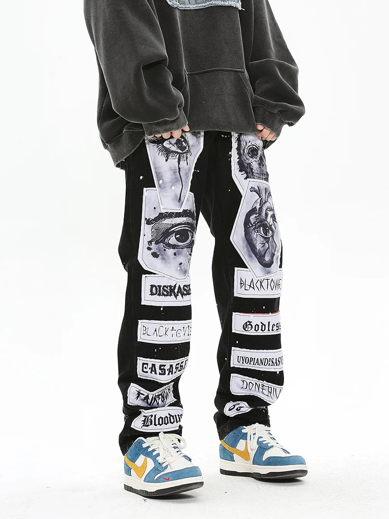 fashion skull graffiti patchwork denim jeans mens zipper jeans hip hop streetwear casual harajuku straight joggers jeans pants unique joggers style 999