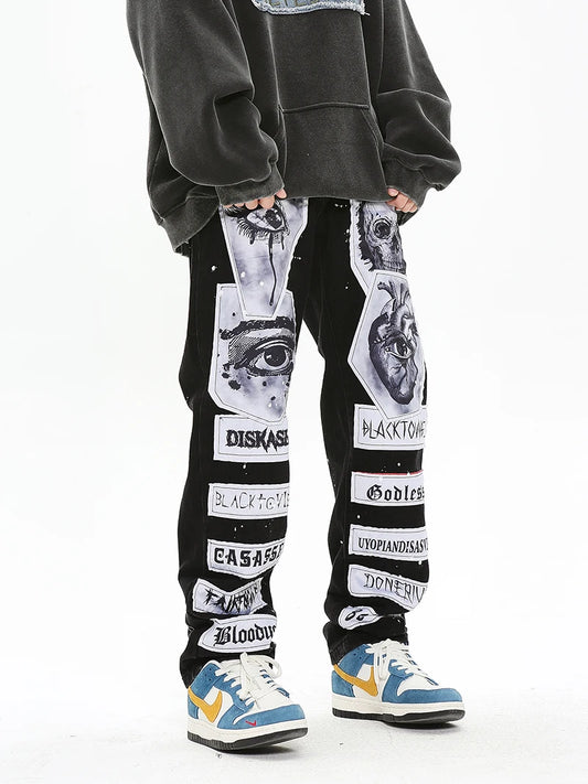 fashion skull graffiti patchwork denim jeans mens zipper jeans hip hop streetwear casual harajuku straight joggers jeans pants unique joggers style 999