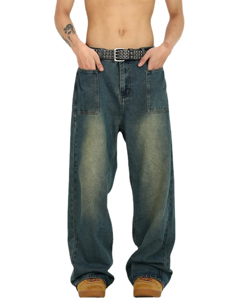 retro washed denim baggy jeans pants unisex hip hop fashion streetwear harajuku loose wide leg straight y2k pants joggers men casual joggers