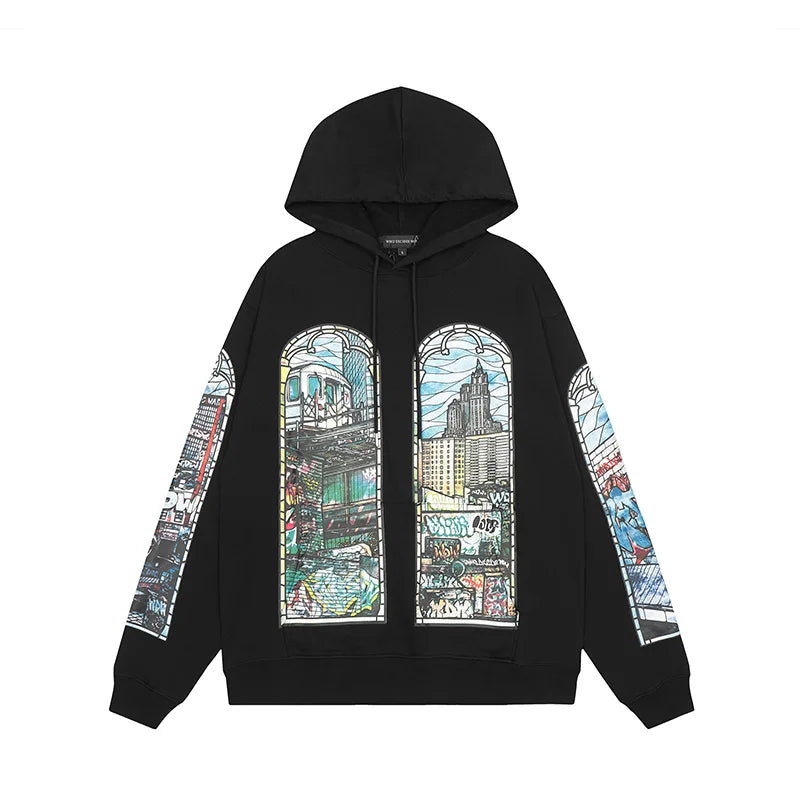 24Ss Autumn And Winter Who Decides War Hoodies Vintage City Cartoon Pr