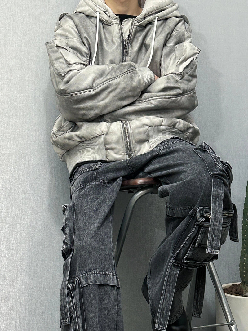Urban Grunge Double-Layer Hoodie – Leather Texture Streetwear