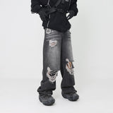 retro black blue straight oversized washed torn jeans solid color ripped jeans baggy hip hop destroyed men wide leg jeans pant ripped baggy denim