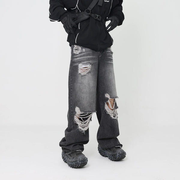 retro black blue straight oversized washed torn jeans solid color ripped jeans baggy hip hop destroyed men wide leg jeans pant ripped baggy denim