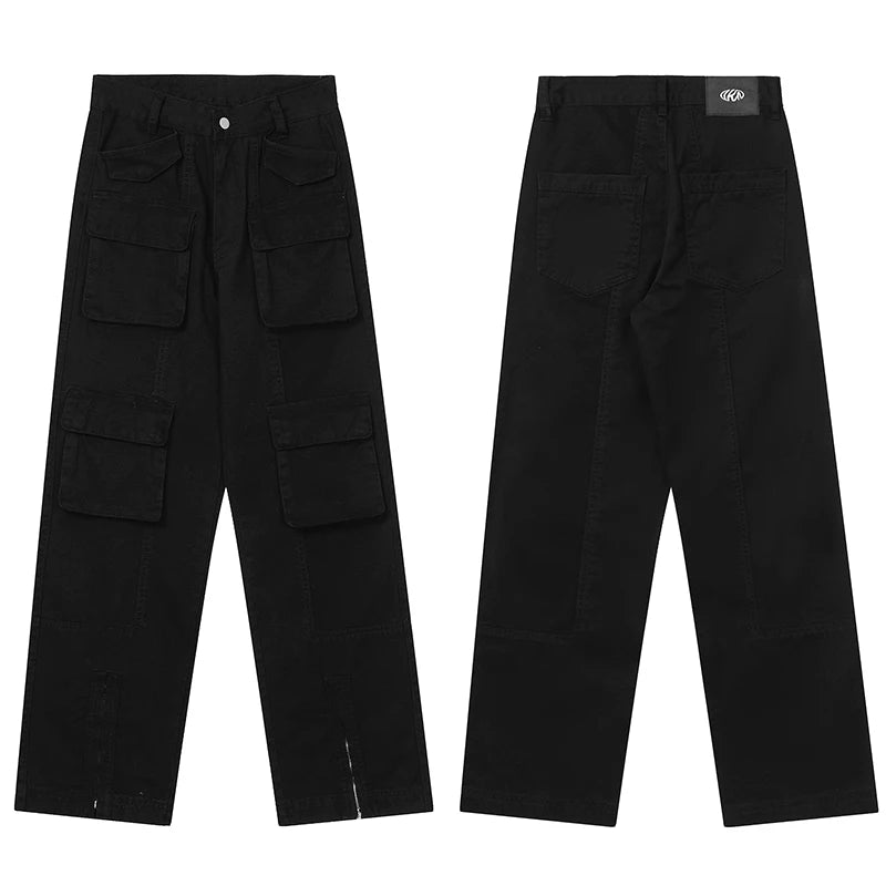 mens loose streetwear cargo straight pants high street casual bottom zipper multi pocket trousers hip hop safari style joggers unique joggers style 3299