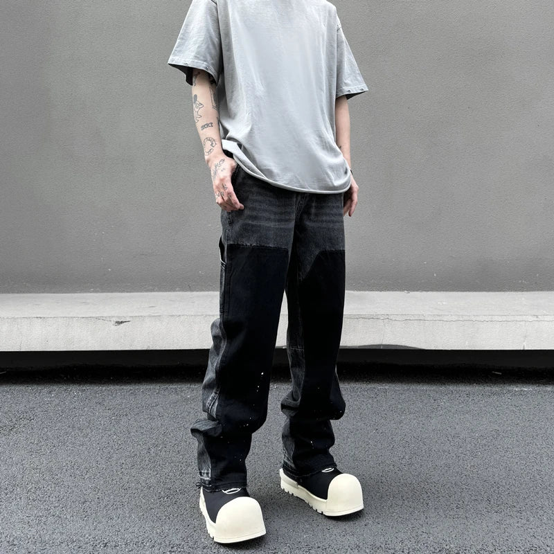 retro washed denim mens jeans pants fashion graffiti patchwork loose biker black jeans streetwear hip hop casual straight pants unique jeans style 5251