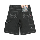 y2k streetwear multi pockets embroidery washed summer jeans shorts for men wide leg baggy casual denim over knee length pants unique jeans style 4736