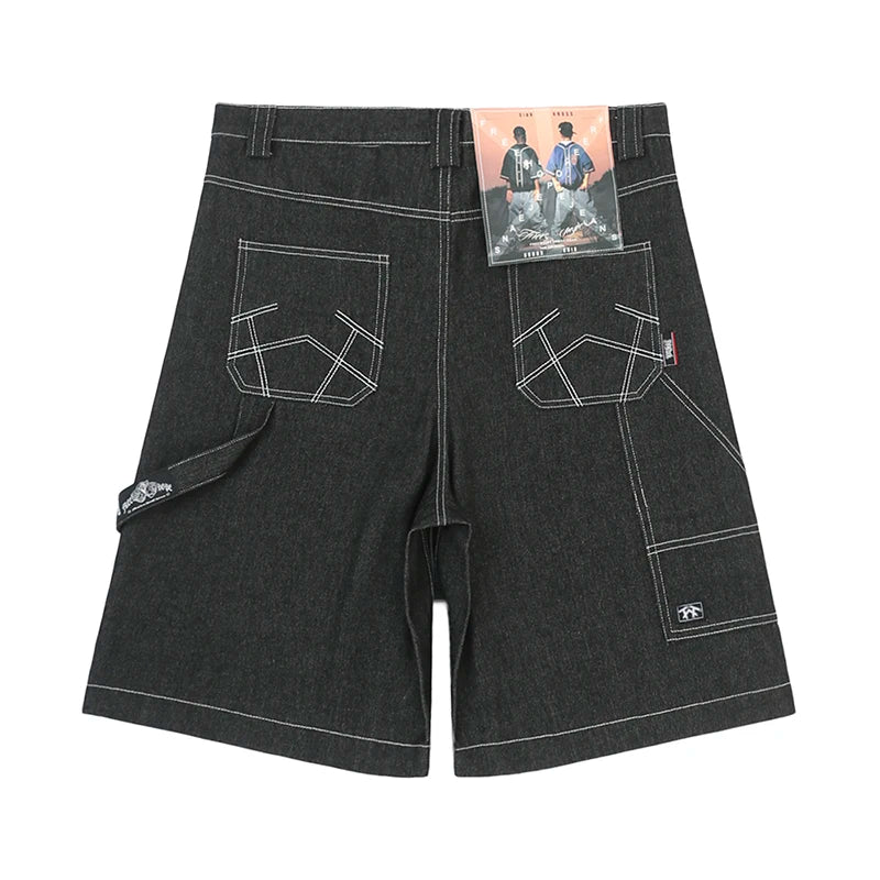 y2k streetwear multi pockets embroidery washed summer jeans shorts for men wide leg baggy casual denim over knee length pants unique jeans style 4736
