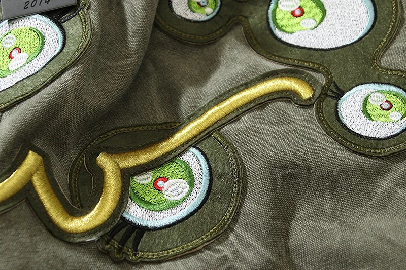 Japanese Eyes Embroidery Washed Military Green Worn Canvas Shorts for Men Summer Pockets Baggy Cargo Short Oversized