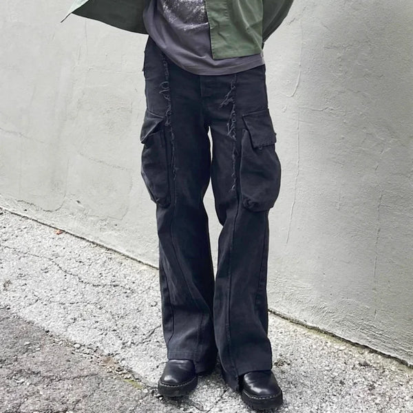 y2k streetwear tassel multi pocket jeans for men straight solid baggy cargo pants pantalones hombre casual denim trousers combat utility trousers