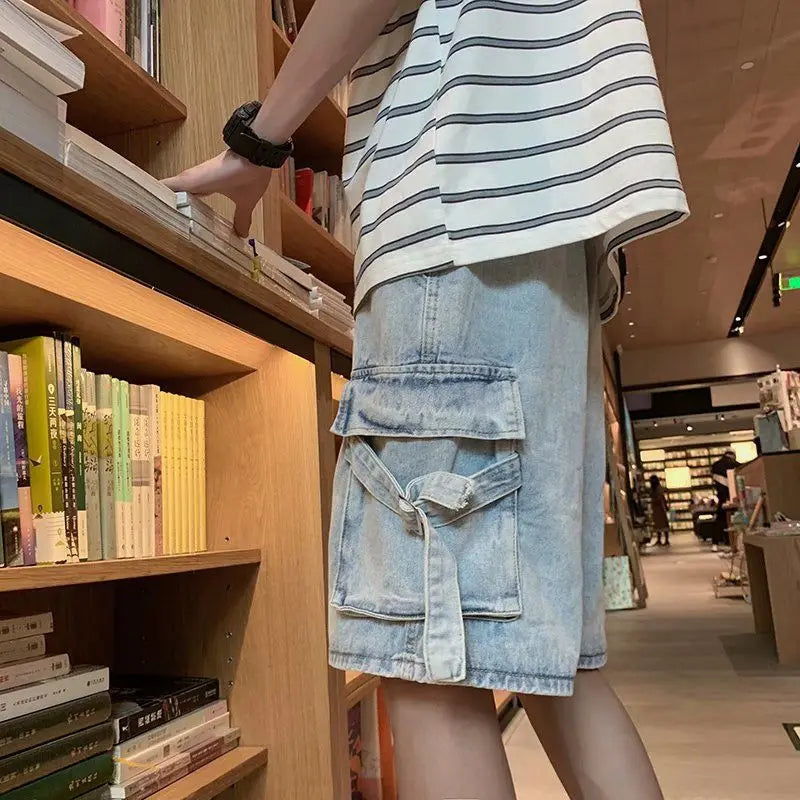 2023 spring new fashion denim shorts mens korean version of the trousers loose straight shorts boutique clothing simple style stacked flare jeans