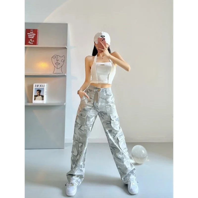 camouflage grey cargo pants women american vintage streetwear straight loose summer hiphop hot pants ins cargo pants womens 2023 multi-pocket cargos