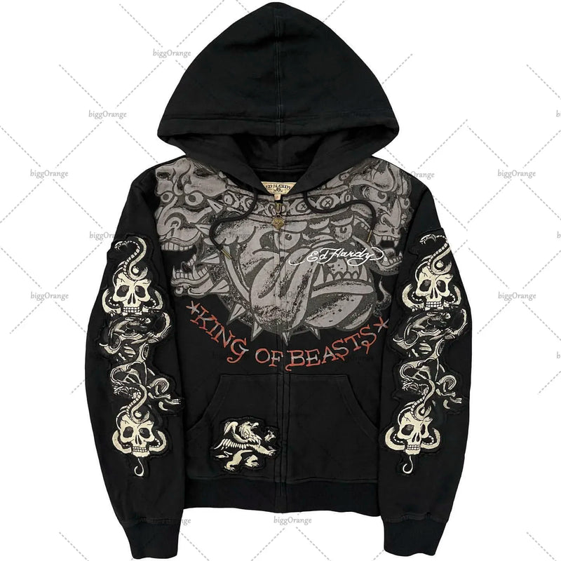 American Fashion Trend Pattern Print Zipper Hoodie Women Y2K New Stree
