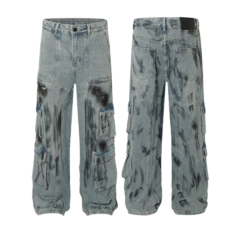vintage multi pocket jeans mens harajuku cargo denim pants retro hip hop straight loose jean pants men clothing multi-pocket cargos