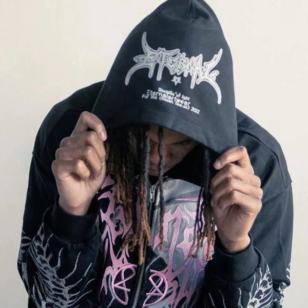 Chaopin High Street Brushed Kanye Vintage Dinosaur Bone Print Hoodie H