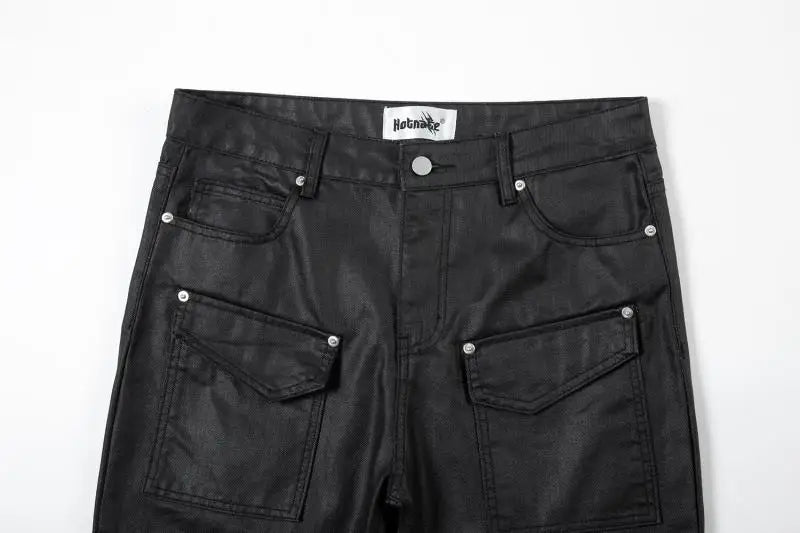 streetwear kanye slim fit feet coated black jeans pants for men pocket brushed wax tapered pants man casual cargo jeans y2k unique cargo style 4556
