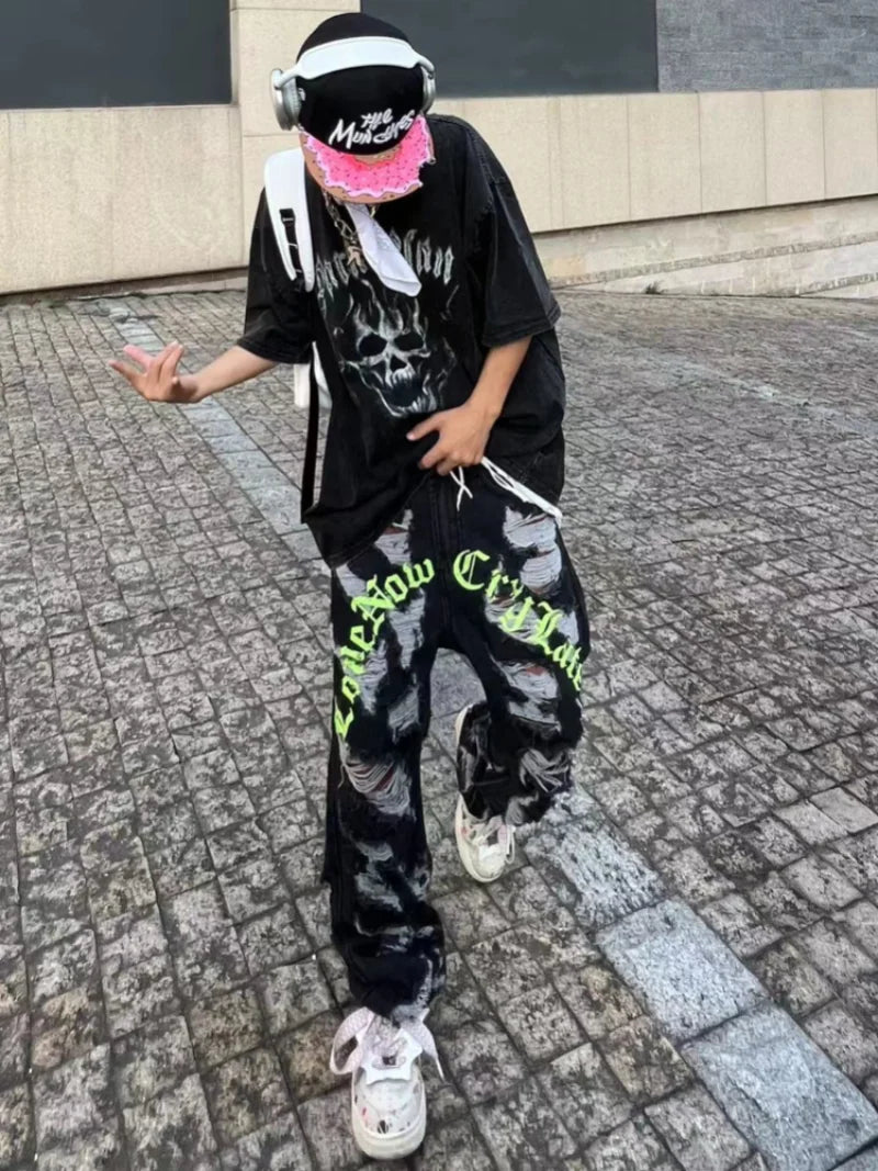 destroy ripped holes front letters embroidery denim jean pants men casual harajuku jean trouser hip hop streetwear pants joggers sporty tapered joggers