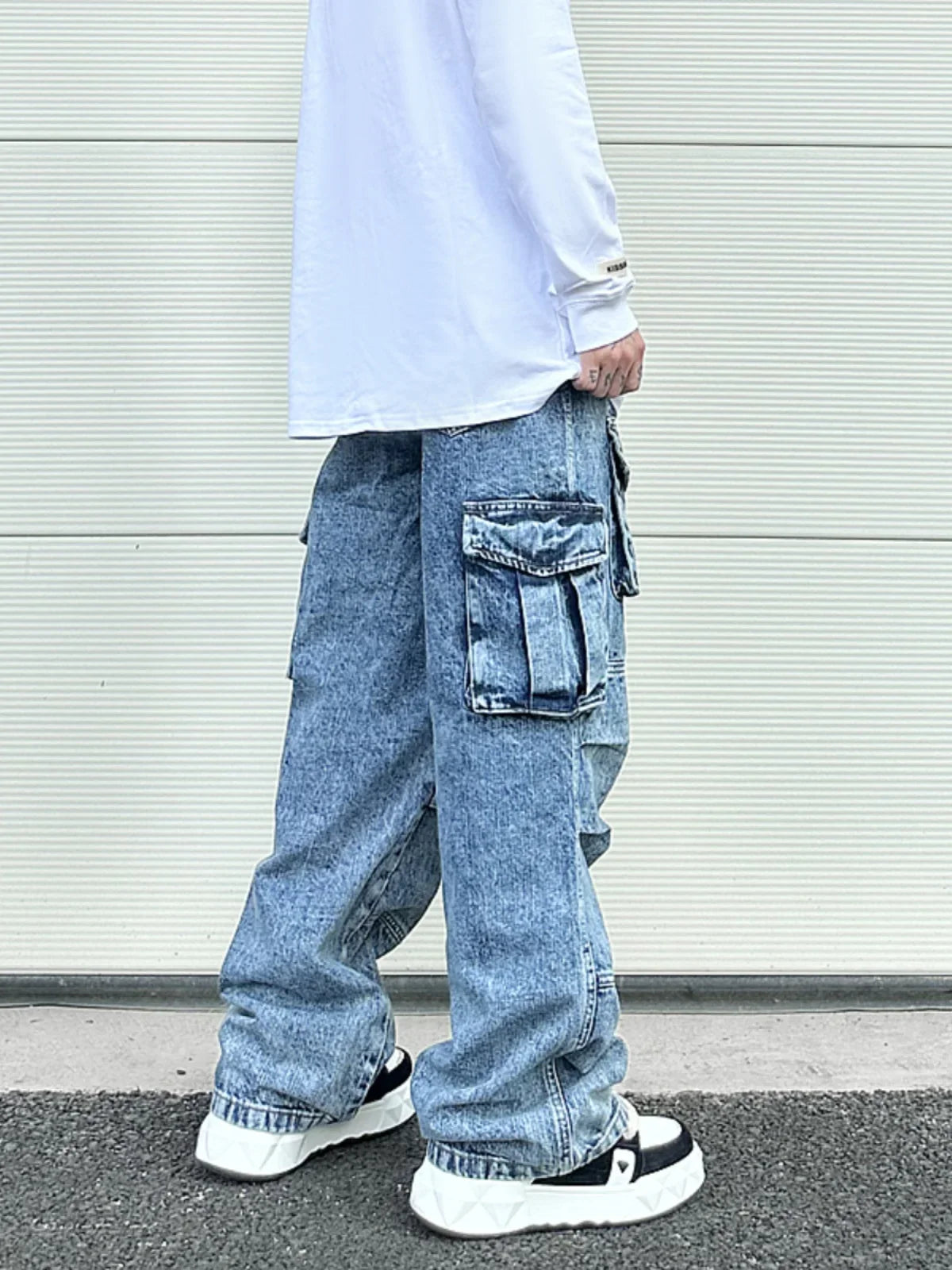 fashion loose streetwear cargo denim jeans unisex casual multi pocket wide legs jean pants hip hop joggers mens baggy jeans casual joggers