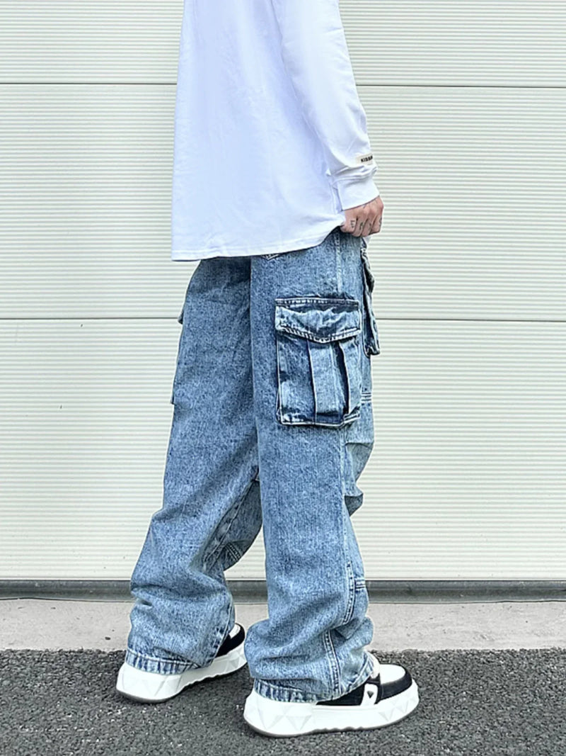 fashion loose streetwear cargo denim jeans unisex casual multi pocket wide legs jean pants hip hop joggers mens baggy jeans casual joggers