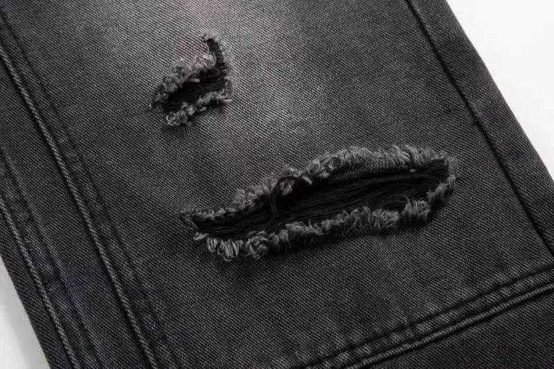 high street distressed black hole washed destroyed jeans casual ripped logging pants straight wide leg denim pants for men unique jeans style 95