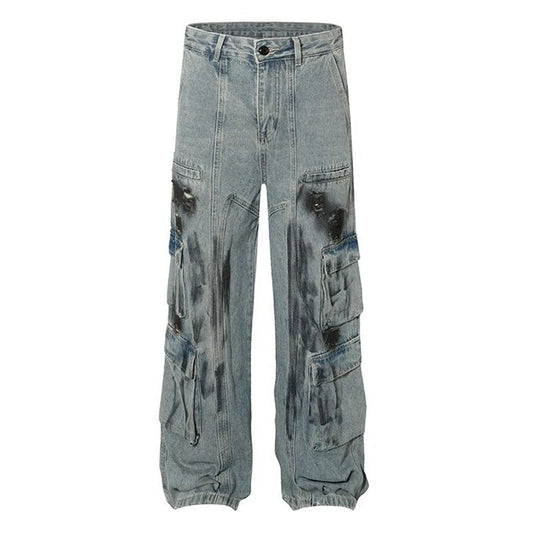 vintage multi pocket jeans mens harajuku cargo denim pants retro hip hop straight loose jean pants men clothing baggy cargo bottoms