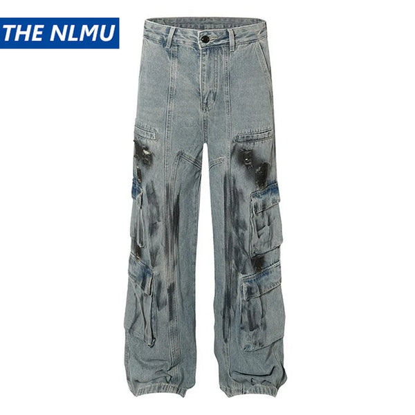 vintage multi pocket jeans mens harajuku cargo denim pants retro hip hop straight loose jean pants men clothing baggy cargo bottoms