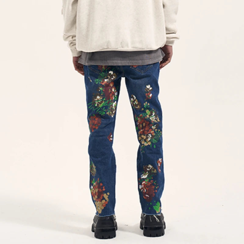 graffiti floral printed denim jean mens new casual zipper biker jeans fashion high street slim fit pants joggers hip hop jeans sporty tapered joggers