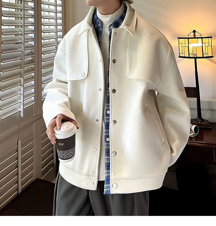 Winter Short Woolen Coat Men Warm Retro Thickened Woolen Jacket Men Streetwear Korean Loose Woolen Coat Mens Oversized Overcoat