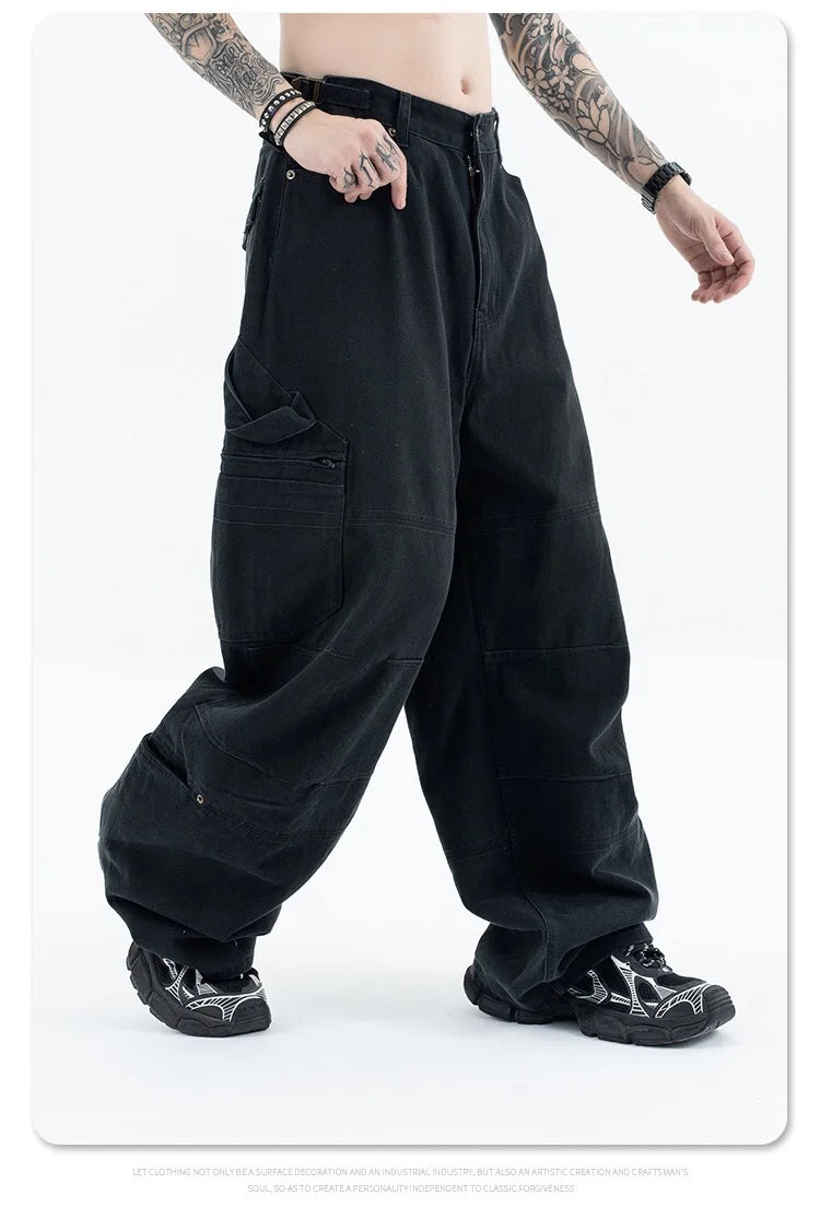 Washed and worn multi-pocket cargo jeans
