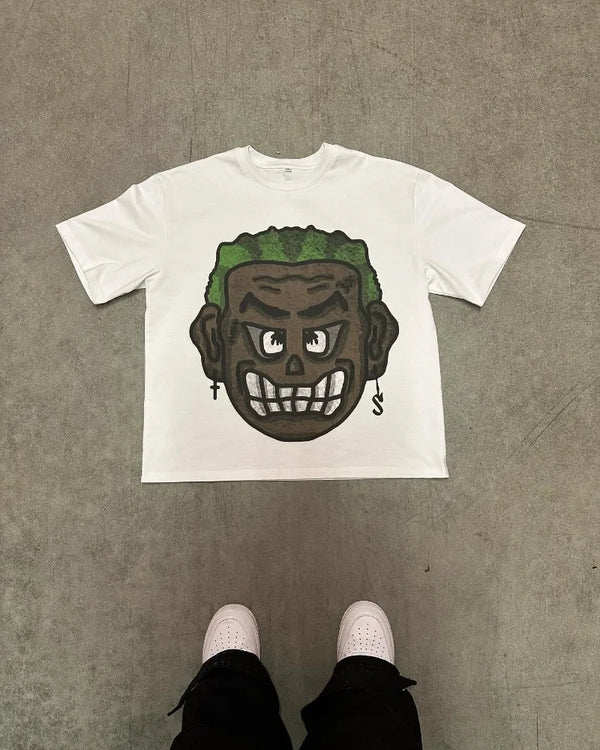 Glitchcore Melting smiley – 2024 Fashion Gothic Cartoon Print Oversized Prototype Short
