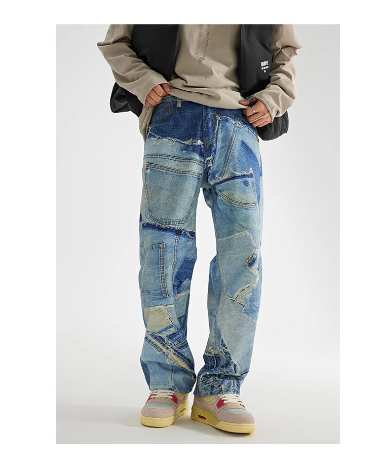 fashion fake patchwork printed denim jeans mens new casual zipper straight loose jeans streetwear hip hop baggy pants joggers unique joggers style 2421