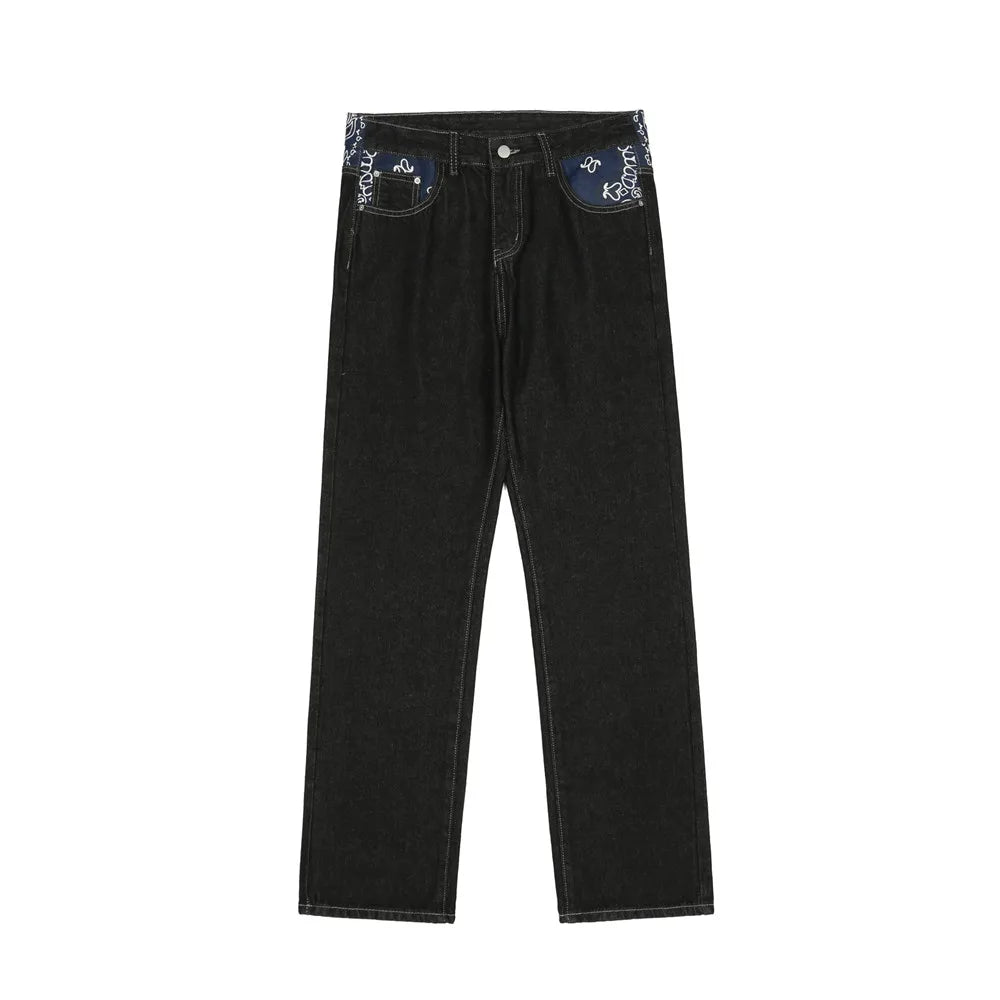 y2k retro sanskrit black jeans street casual pants punk male hip hop print loose harajuku mens straight pants ins hot sale unique jeans style 4772