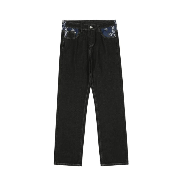 y2k retro sanskrit black jeans street casual pants punk male hip hop print loose harajuku mens straight pants ins hot sale unique jeans style 4772