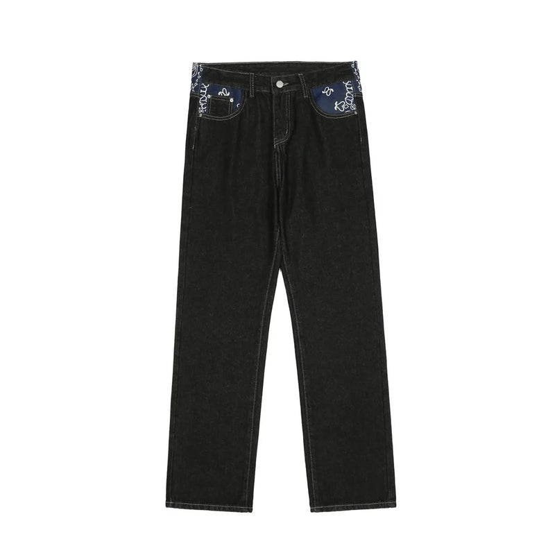 y2k retro sanskrit black jeans street casual pants punk male hip hop print loose harajuku mens straight pants ins hot sale unique jeans style 4772
