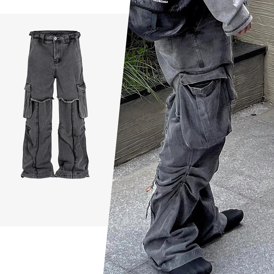 hi street black jeans side pockets patchwork cargo denim pants men streetwear hip hop baggy jeans trousers loose straight jeans multi-pocket cargos