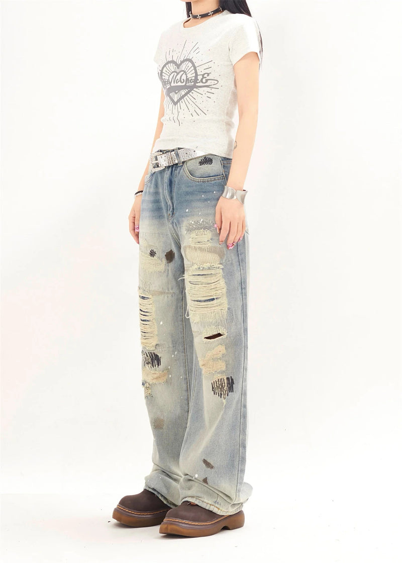 mens fashion ripped jeans blue straight baggy jeans trousers luxury loose casual distressed denim pants male 1 unique jeans style 4597