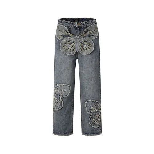 butterfly patches embroidered washed straight vintage baggy fitting jeans for men high street distressed jeans pants women unique jeans style 4471