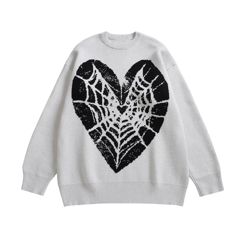 hip hop knitted sweater men winter o neck anime spider web pattern pullover streetwear casual loose sweater warm jumper knitwear - Y2K grunge street style, soft fleece-lined outerwear, oversized streetwear hoodie