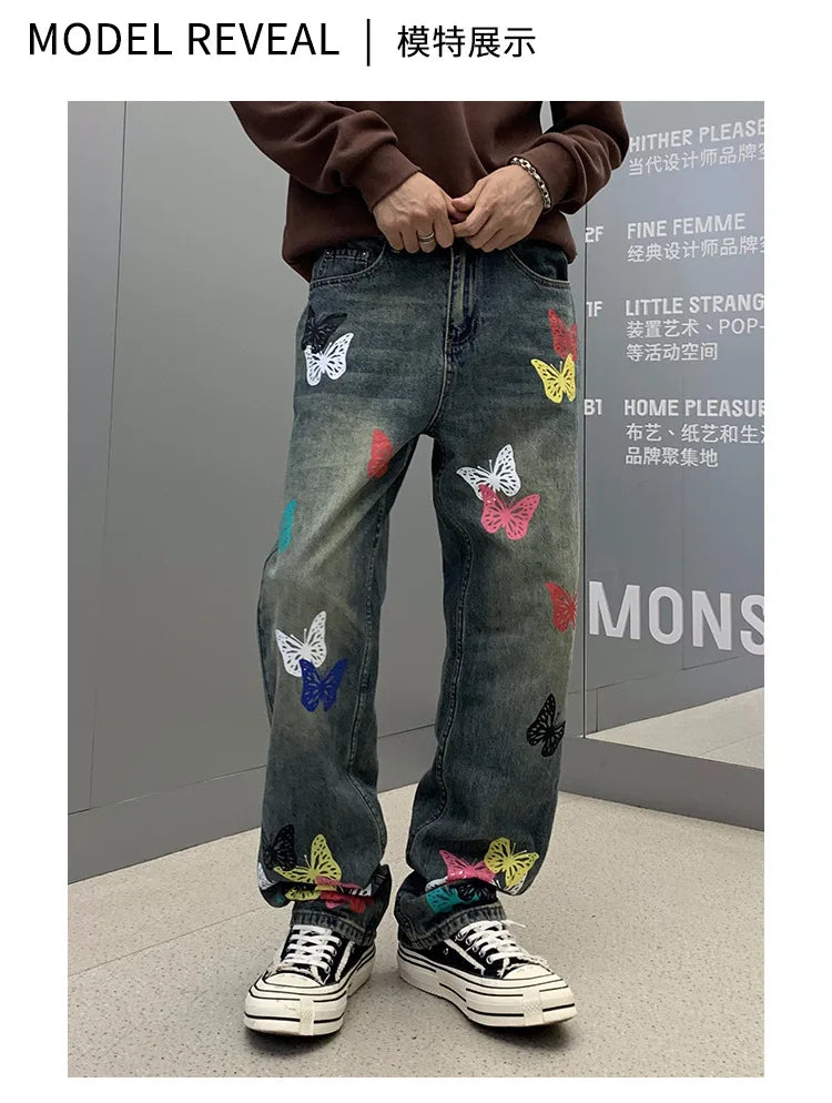 butterfly print jeans men streetwear fashion vibe loose casual hiphop straight washed denim pant jeans cityboy teen trousers unique jeans style 2676