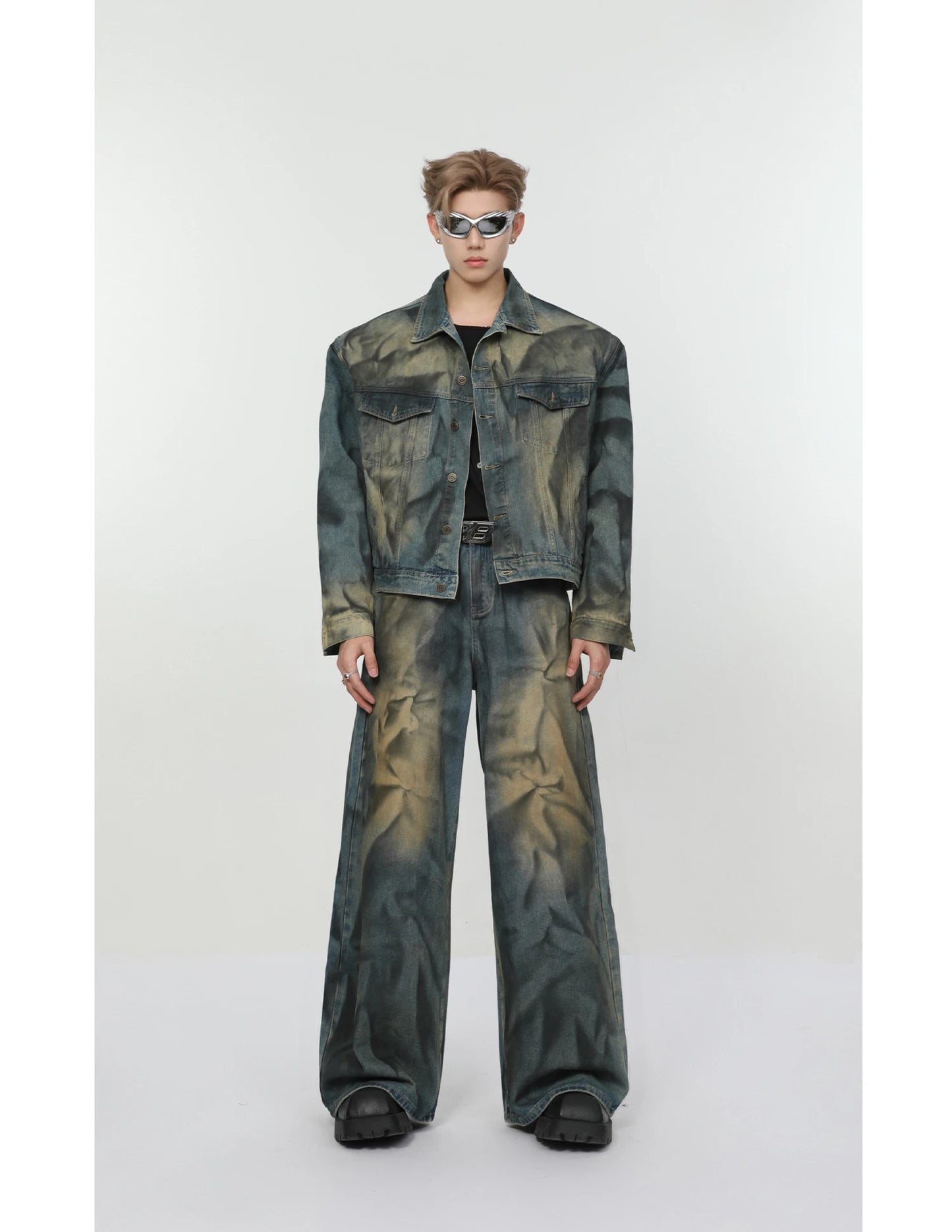 2 pieces sets mens fashion dirty graffiti wide shouder denim jeans jacket coat and wide legs pants joggers new streetwear sets unique joggers style 4576