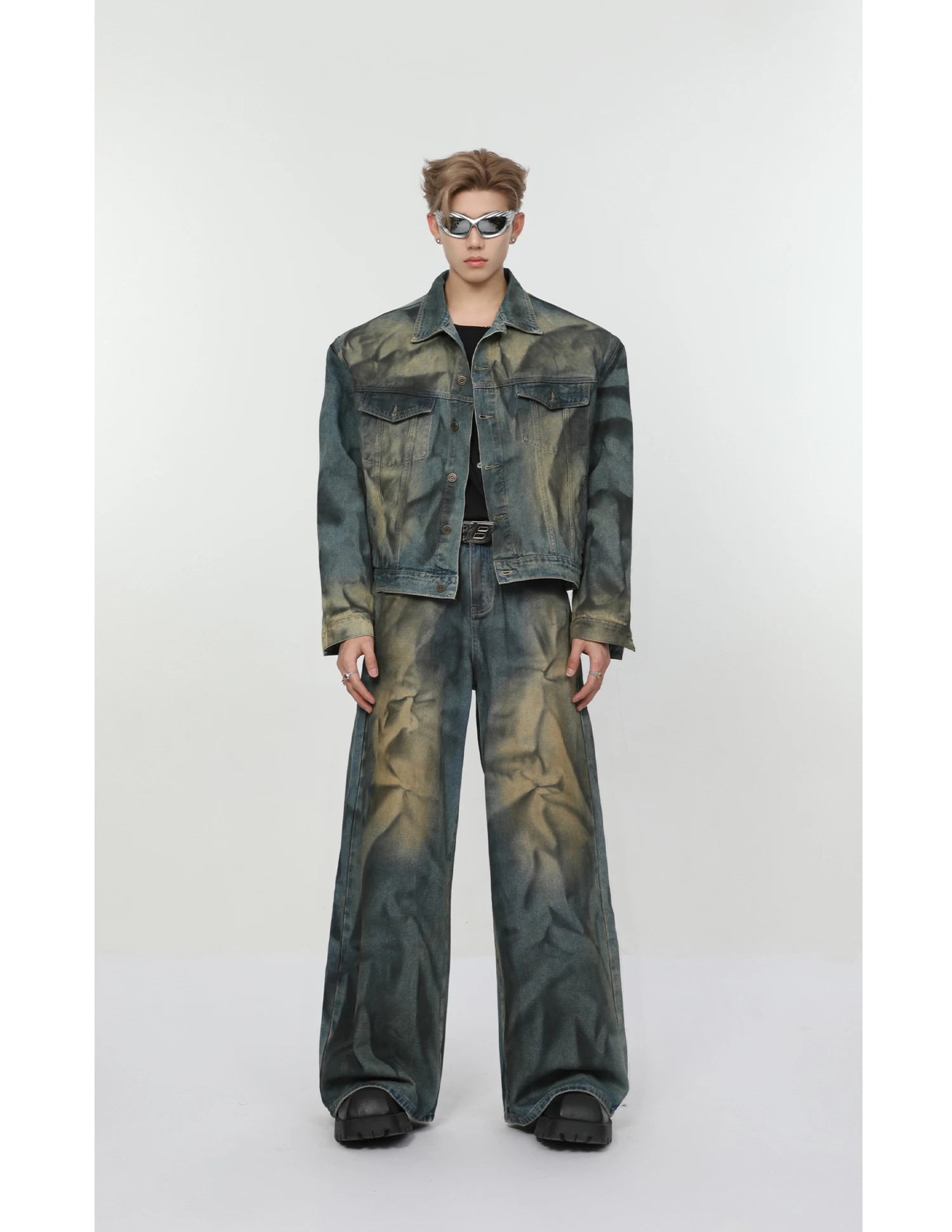 2 pieces sets mens fashion dirty graffiti wide shouder denim jeans jacket coat and wide legs pants joggers new streetwear sets unique joggers style 4576