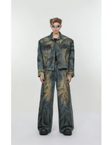 2 pieces sets mens fashion dirty graffiti wide shouder denim jeans jacket coat and wide legs pants joggers new streetwear sets unique joggers style 4576