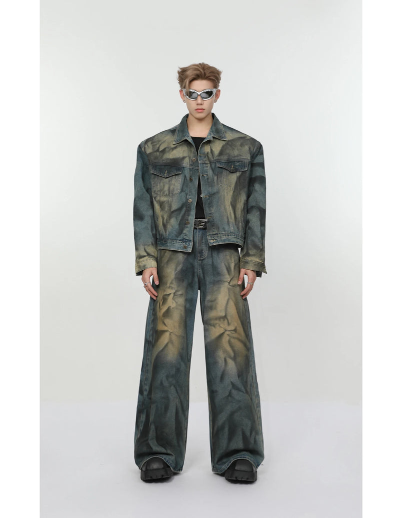 2 pieces sets mens fashion dirty graffiti wide shouder denim jeans jacket coat and wide legs pants joggers new streetwear sets unique joggers style 4576
