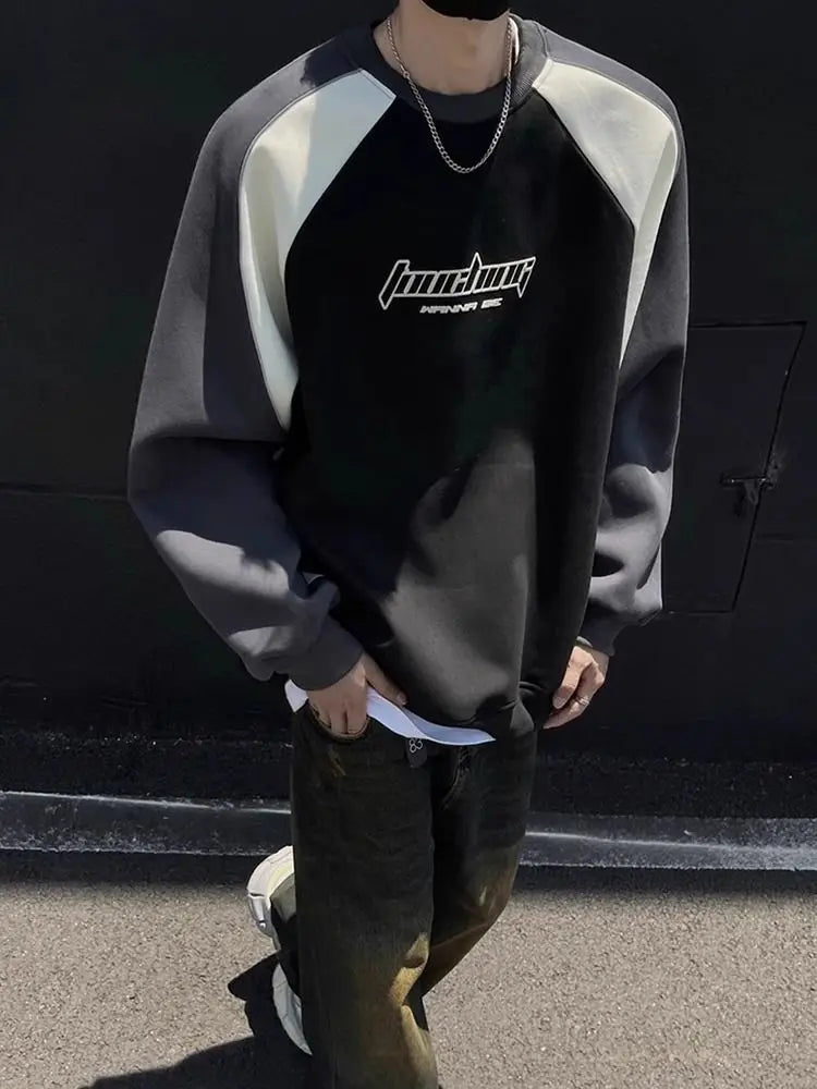 Trendy Personality Korean Motorcycle Style Round Neck Sweatshirt Men 2024 Spring Autumn Niche Contrasting Color Pullover Hot Top
