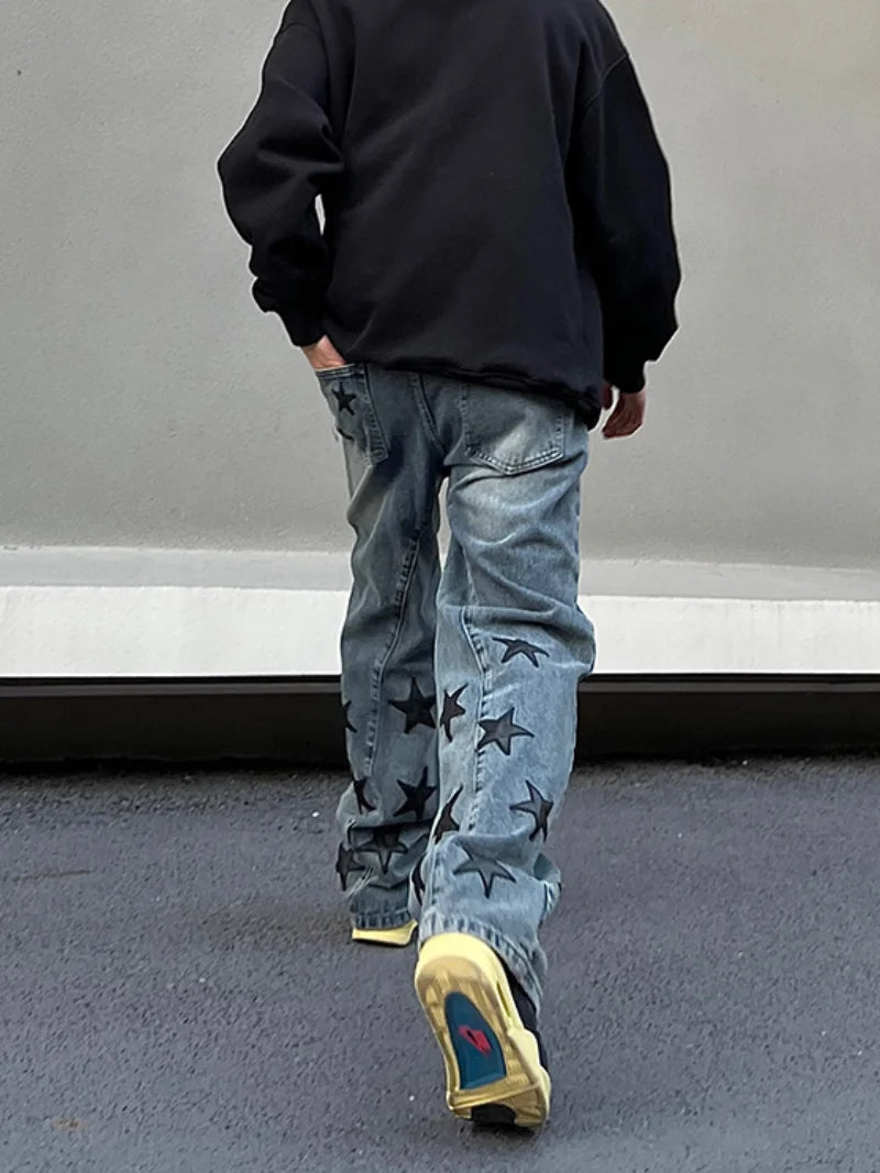 mens high street stars embroidery denim jean pants casual loose straight jeans hip hop y2k unisex pants streetwear joggers casual joggers