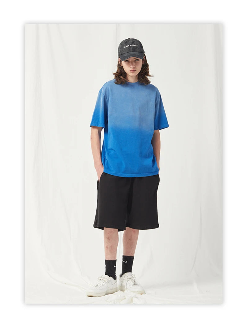 Spring Summer New Products Fried Color Wash Water Gradient Color Loose Short-sleeved Casual Basic Bottoming Round Neck