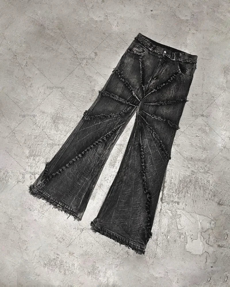 american gothic patchwork raw edge embroidered letter jeans mens street hip hop harajuku high waisted wide leg pants womens unique jeans style 1793