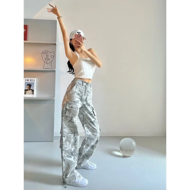camouflage grey cargo pants women american vintage streetwear straight loose summer hiphop hot pants ins cargo pants womens 2023 unique cargo style 1160