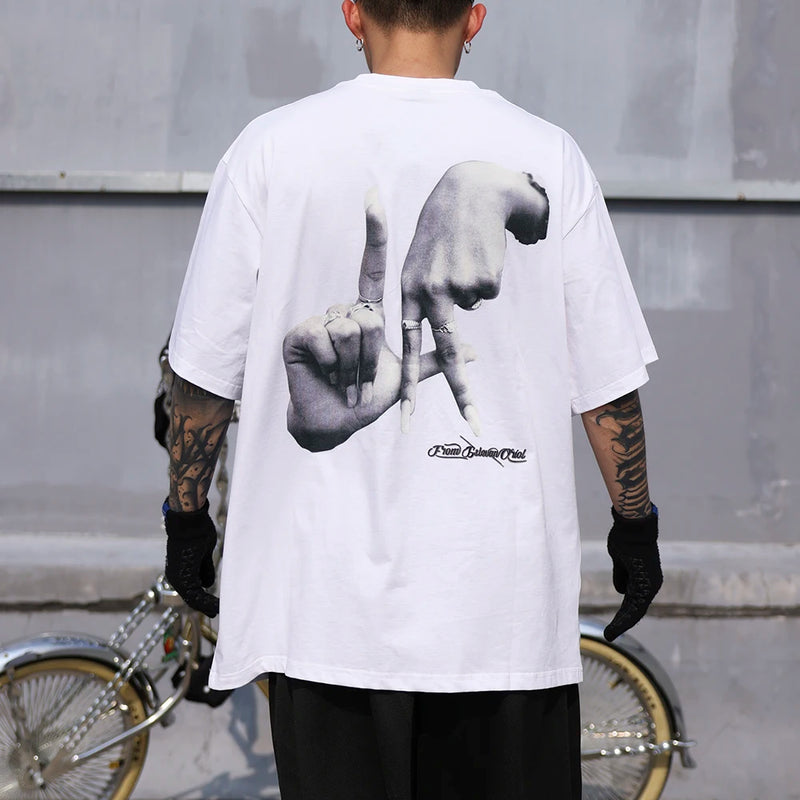 Y2k Vintage print – Hands Finger Cross Print White Black Summer Y2K Tshirts For