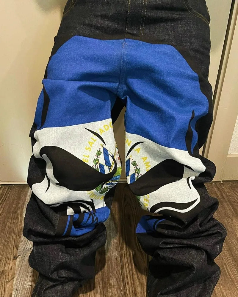 european and american high street high waist washed jeans men y2k cartoon print hip hop rock oversized wide leg pants women unique jeans style 3767