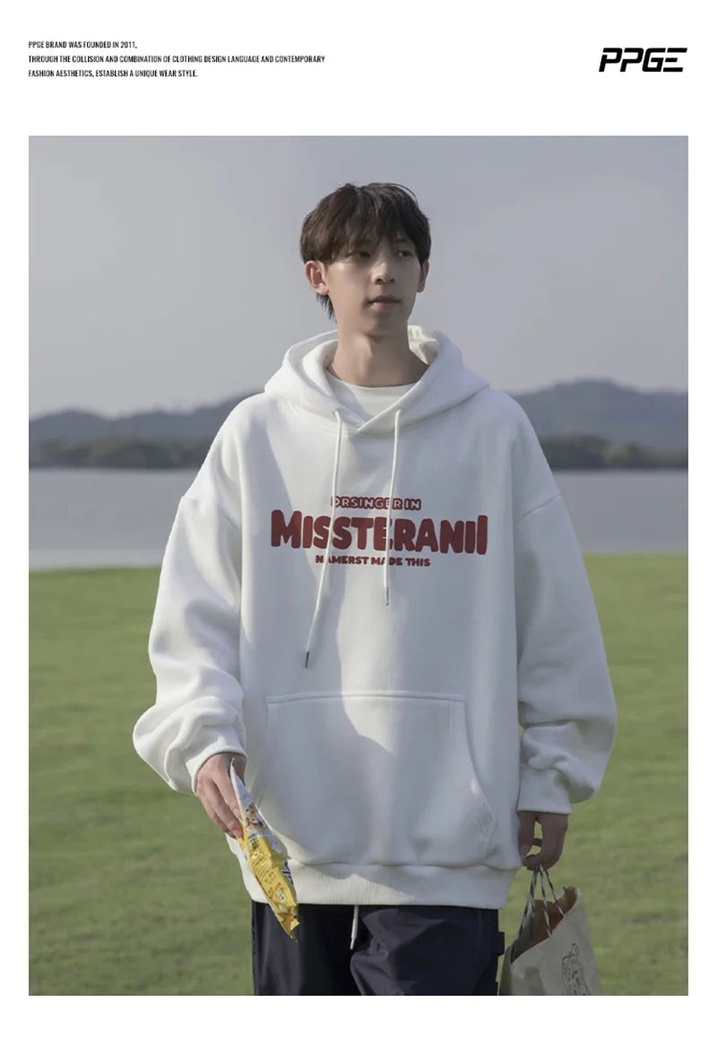 American Retro Casual Hoodies For Men Letter Printed Loose Fit Hooded